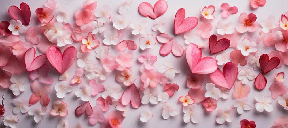 Obraz premium Pink flowers on blurred background for valentines, mothers, womens dayflat lay with copy space.