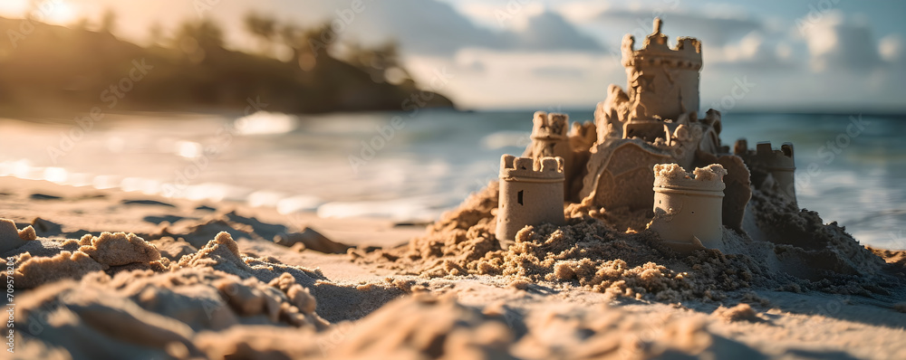 Close up photo of sand castle on the ocean beach on sunset. Summer kids holidays on the sea side, sea coast. Concept of summer vacation for postcard, banner, poster, advertisement with copy space. - obrazy, fototapety, plakaty 