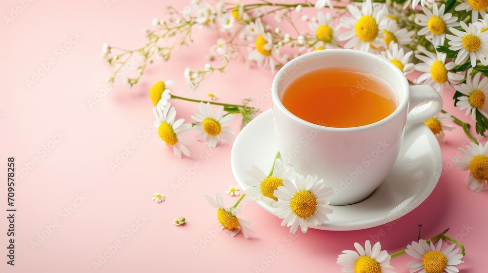 A cup of delightful chamomile tea set against a pink background, featuring space for text, Ai Generated.