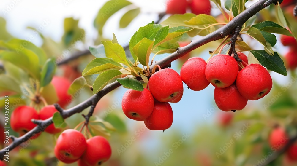 Obraz premium Red Apple fruit on the tree, Red apples ready to be harvested. Red apples in the apple orchard.