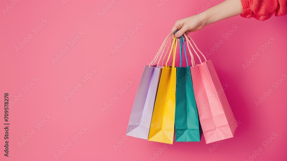 A woman's hand clutching numerous vibrant shopping bags against a pink backdrop, Ai Generated.