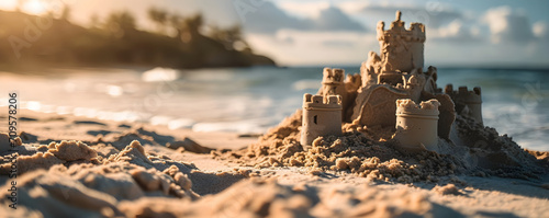 Close up photo of sand castle on the ocean beach on sunset. Summer kids holidays on the sea side, sea coast. Concept of summer vacation for postcard, banner, poster, advertisement with copy space. photo