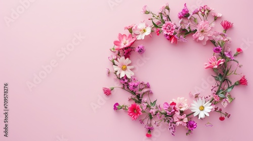 Assorted tiny blossoms arranged in a garland against a pink backdrop  featuring space for text. Abstract nature-inspired floral frame design with area for wording  Ai Generated.