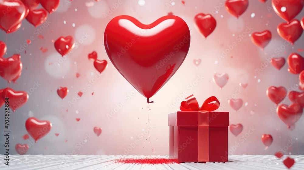 A 3D-esque rendering of a Valentine's Day scene featuring a metallic balloon in the shape of a heart and a white gift box with a red ribbon, set against a creatively abstract background, Ai Generated.