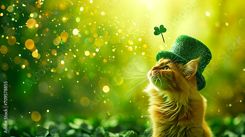 Image of kitten in green hat chasing shamrock　 photo