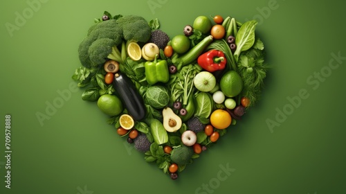 Heart shaped fresh vegetables on green background, Ai Generated