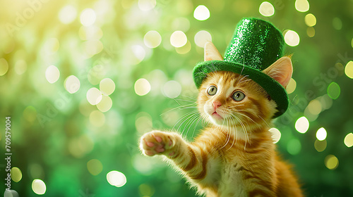 Image of kitten in green hat chasing shamrock 