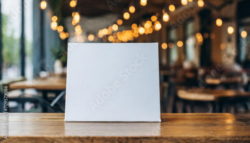 A frontal view of a blank white canvas stands on a wooden table in a cafe with a blurred background - Mockup - Product presentation photo