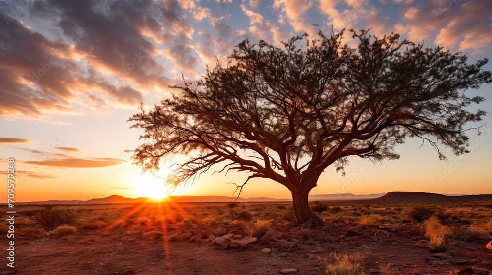 A panoramic view of a Mesquite tree silhouetted against the setting sun