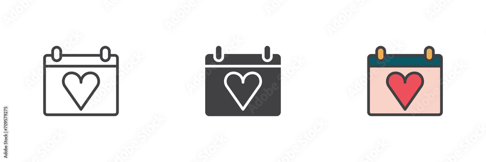 Calendar with heart different style icon set Calendar with heart different style icon set