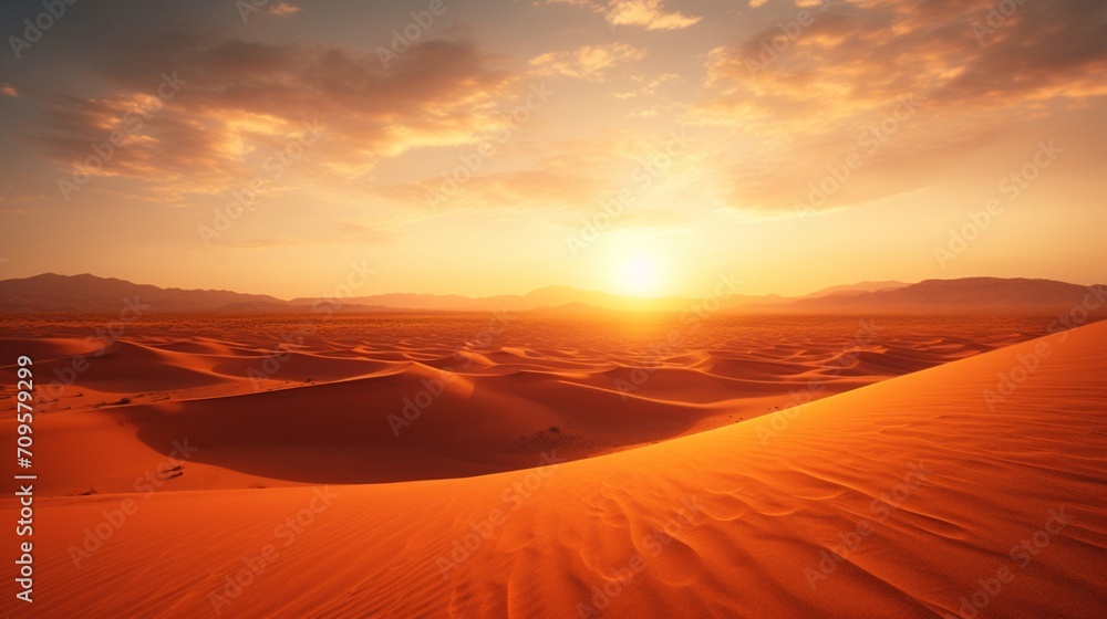 A breathtaking sunset casting golden hues over the vast desert expanse