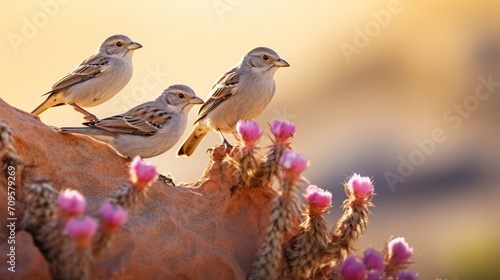  A group of Desert finches in vibrant plumage, fluttering among desert blooms