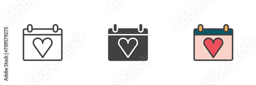 Calendar with heart different style icon set