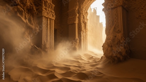 The surreal beauty of a desert sandstorm enveloping an ancient ruin