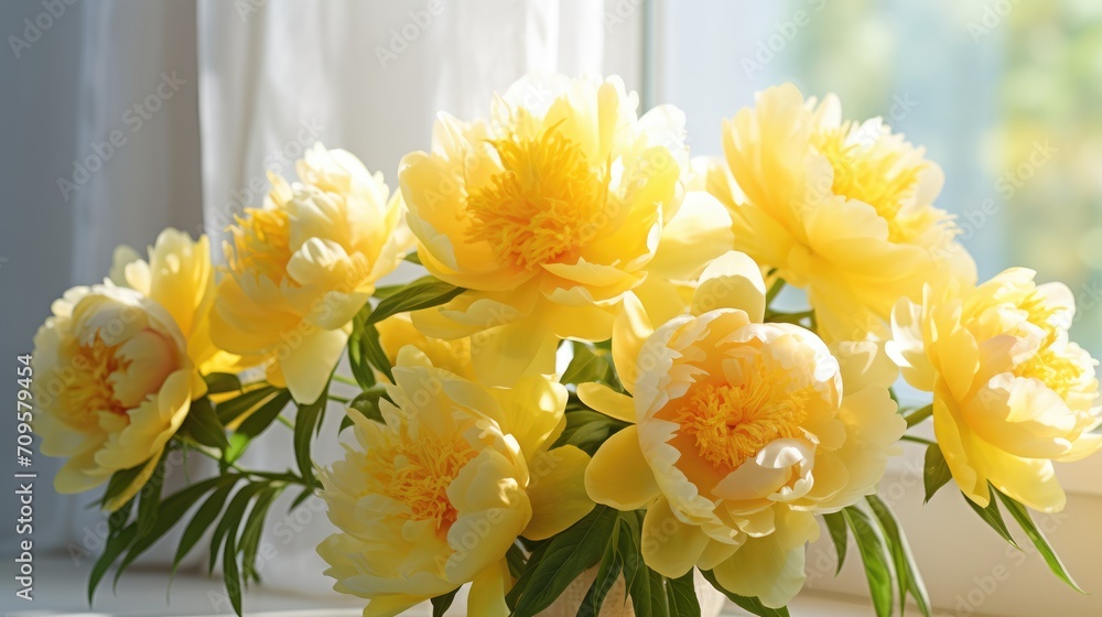 A bouquet of yellow peonies in a vase on the windowsill for congratulations on Mother's Day, Valentine's Day, Women's Day. Romantic background and greeting card.
