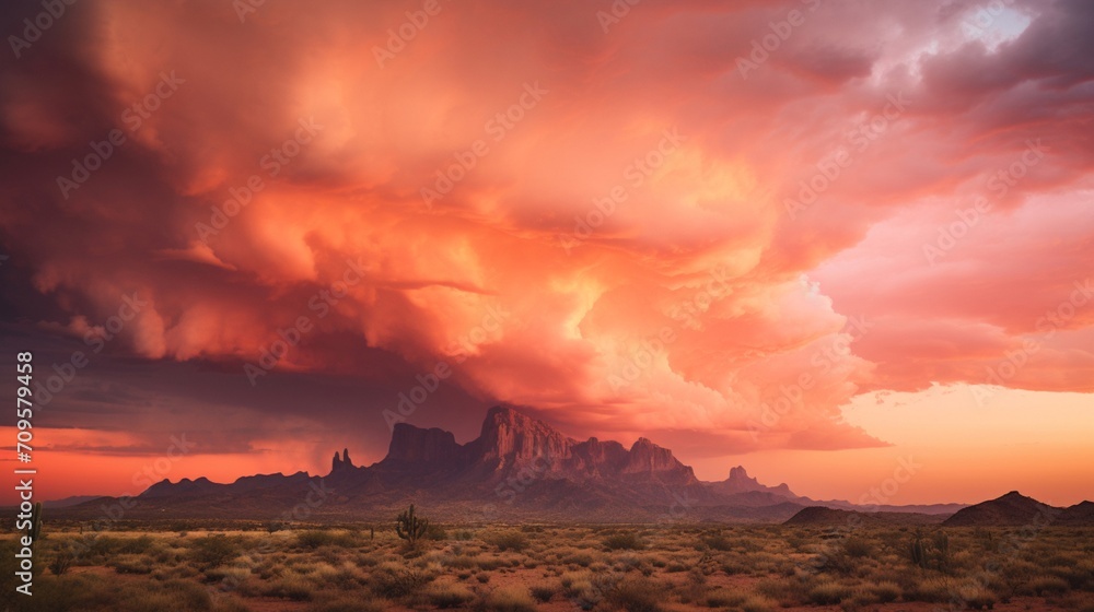 A fiery orange and pink sky during a dramatic desert monsoon in Arizona