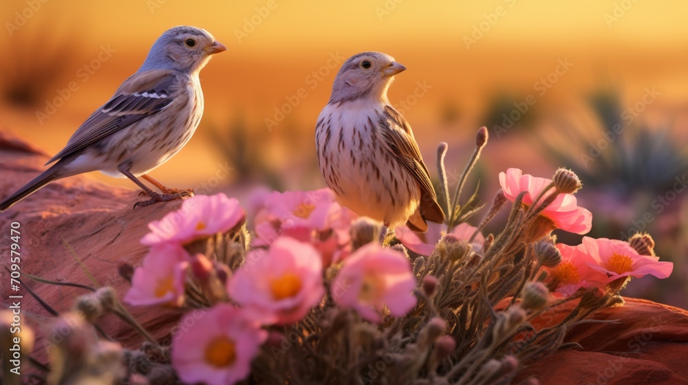 A group of Desert finches in vibrant plumage, fluttering among desert blooms