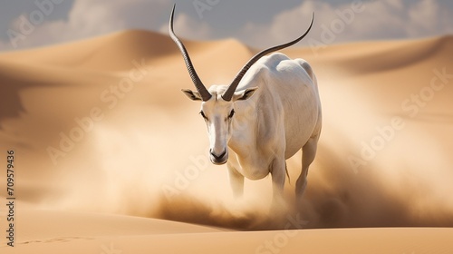 A majestic Arabian oryx gracefully navigating the sandy dunes of the desert photo