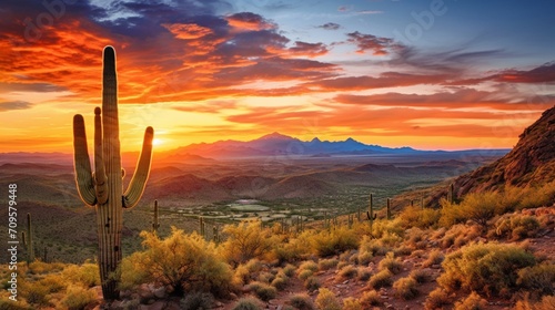 Saguaro cacti standing tall against the backdrop of a vivid Arizona sunset