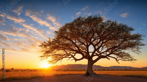 A panoramic view of a Mesquite tree silhouetted against the setting sun © MagicS