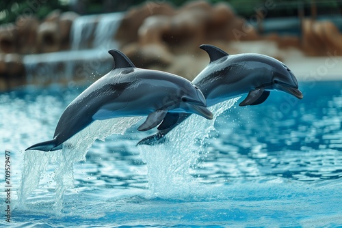 Two dolphins jump in to the water in a marine park. Generative AI.