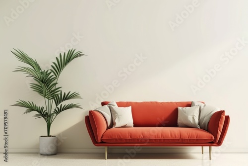 Red modern sofa and home potted plant near on a plain light-color background, front view. AI generative © tiena