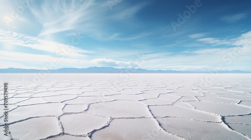A vast salt flat extending in all directions, reflecting the intense sunlight