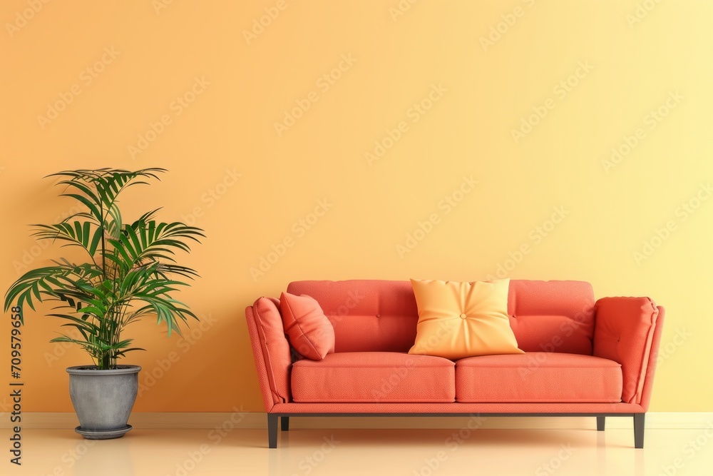 Fototapeta premium Orange modern sofa and home potted plant near on a plain yellow background, front view. AI generative
