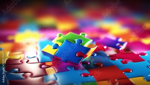 Vibrant and multicolored puzzle pieces illustrating neurodiversity concept with ample space for text