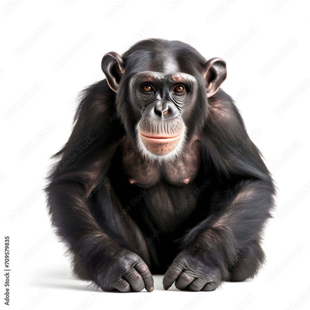 a chimpanzee on a white background looks at the camera a chimpanzee on a white background looks at the camera