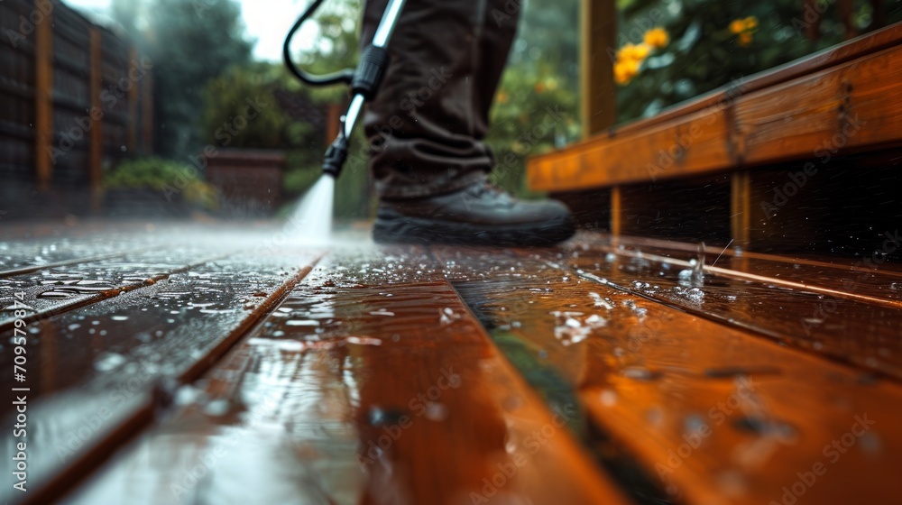 A man using pressure washer to clean patio decking A man using pressure washer to clean patio decking