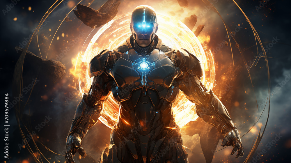 A soldier in a futuristic armor, fighting against an alien enemy space war background,sci-fi concept