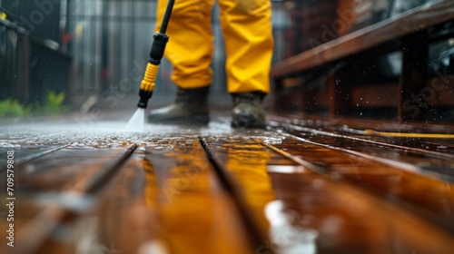 A man using pressure washer to clean patio decking