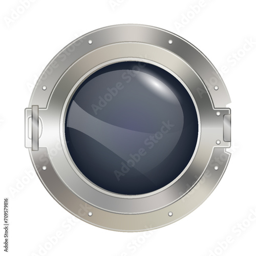 Porthole window icon. Safe round metalic spaceship illuminator decent. Vector steel window hole. Cruise aircraft porthole or fuselage cabin window