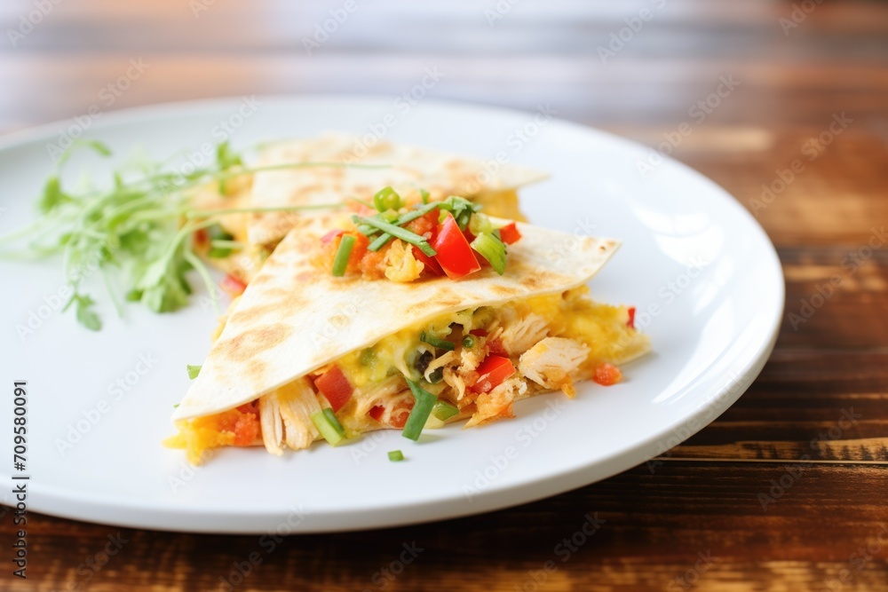 cheesy chicken quesadilla on a white plate cheesy chicken quesadilla on a white plate
