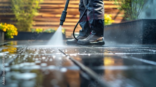 A man using pressure washer to clean patio decking photo