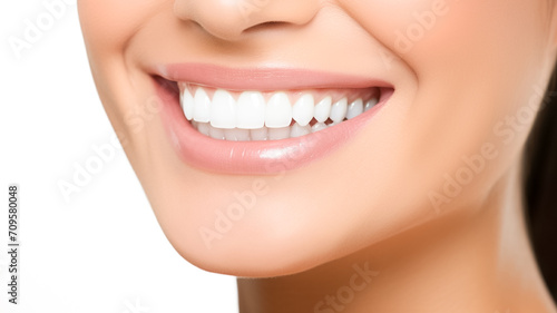 Closeup Of Beautiful Smile With White Teeth. Woman Mouth Smiling. Dental clinic patient. Copy space. 