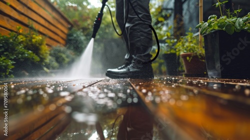 A man using pressure washer to clean patio decking photo