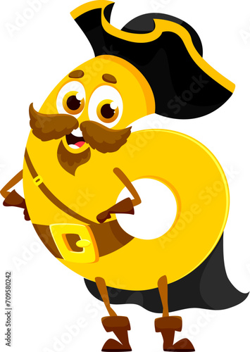 Cartoon funny number 6 pirate or corsair character in captain tricorn hat, vector emoji emoticon. Number six character as Caribbean pirate filibuster or buccaneer sailor with beard and mustaches