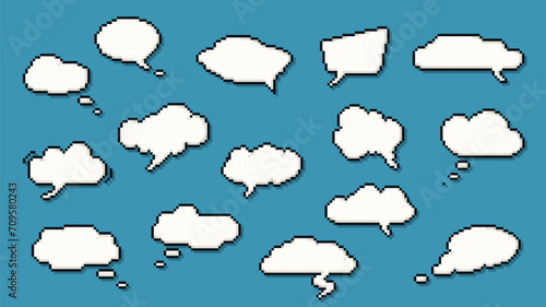 8 bit pixel art dialogue box and speech bubbles, vector cartoon icons for text chat. Message clouds for 8bit pixel game or retro art, speech balloons and dialog speak or talk bubble banners for quotes