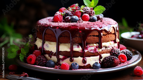 Chocolate cake with raspberries and cherries on a wooden table. 