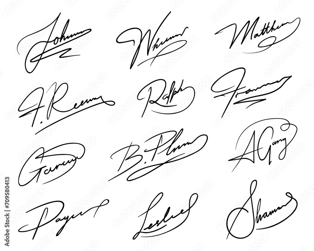 Autograph or business signatures pack set of pen handwritten names, isolated vector. Document signatures or handwriting personal name letters and surname for facsimile or business letter signature - obrazy, fototapety, plakaty 