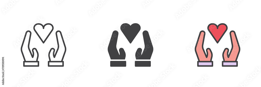 Hands with heart different style icon set Hands with heart different style icon set