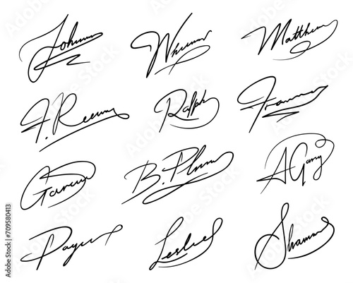 Autograph or business signatures pack set of pen handwritten names, isolated vector. Document signatures or handwriting personal name letters and surname for facsimile or business letter signature photo