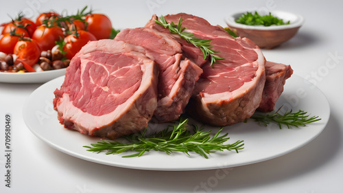 fresh mutton in white plate side view, white background