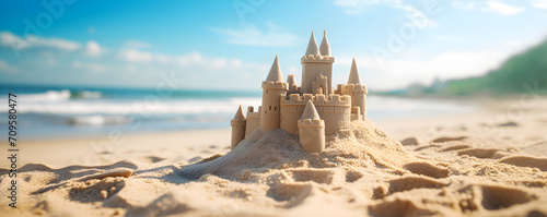 Sand castle on the ocean beach. Summer kids holidays on the sea side, sea coast. Concept of summer vacation for postcard, banner, poster, advertisement with copy space.