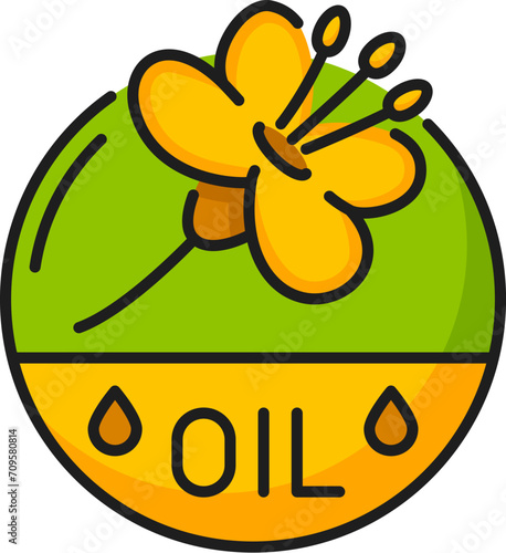 Rapeseed, canola oil icon. Isolated vector linear sign with golden flower inside of green and yellow circle with drops, symbolizing wholesome and nutritious product for culinary and health benefits