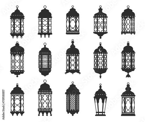 Ramadan or Eid Mubarak arab islamic lantern or lamp silhouette. Arab vintage lantern, middle east old gas lamp or muslim ramadan karem antique kerosene hanging light isolated vector silhouettes set