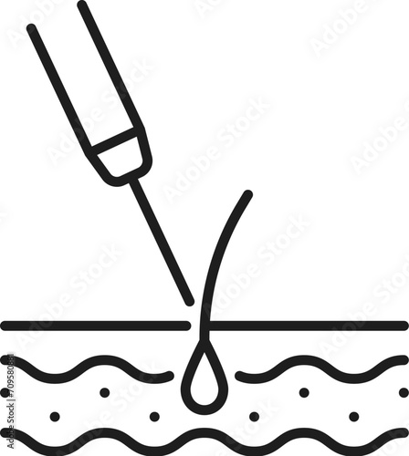 Face hair removal, skincare cosmetology and mesotherapy line icon. Woman beauty, skincare cosmetics, dermatology and cosmetology facial treatment outline vector symbol with syringe and hair follicle