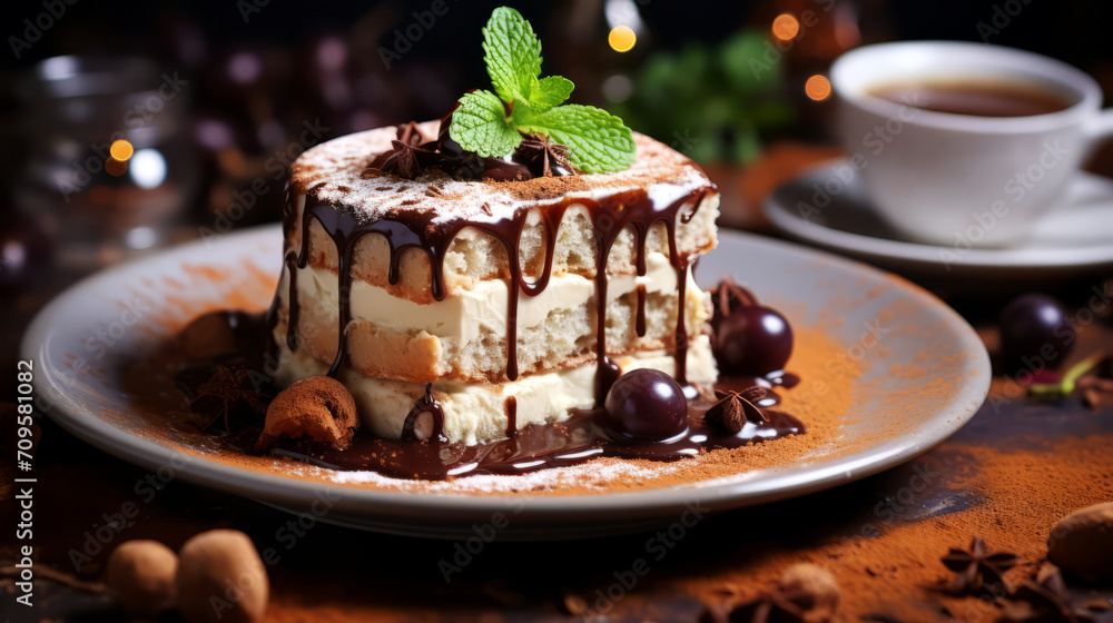 Cake with chocolate on a dark background.
Cake with chocolate on a dark background.